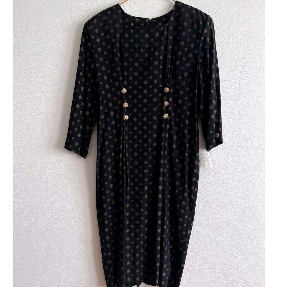Vintage Impulsive Dress Womens 10P Petite Black Geometric Sheath Buttoned Ruched